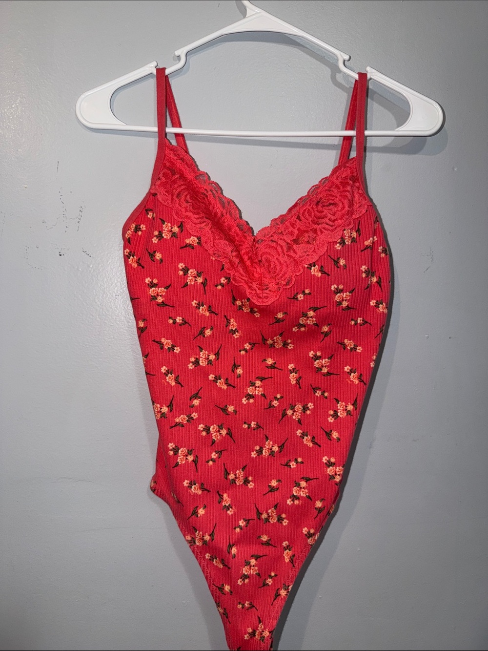 Victoria's Secret Red Floral Lace-Trim One-Piece Bodysuit